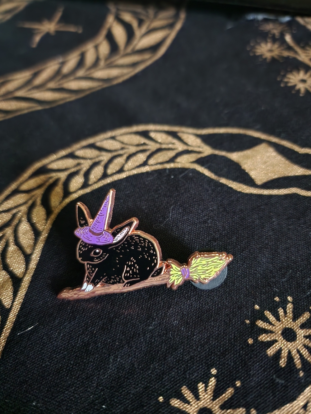 Flying Black Bunny Witch Broom Enamel Pin -